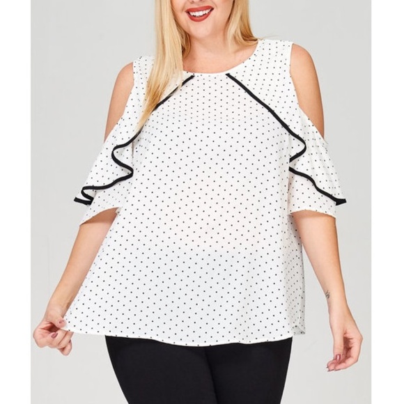 Tops - Plus Polka Dot Cold Shoulder Ruffle Sleeve Top